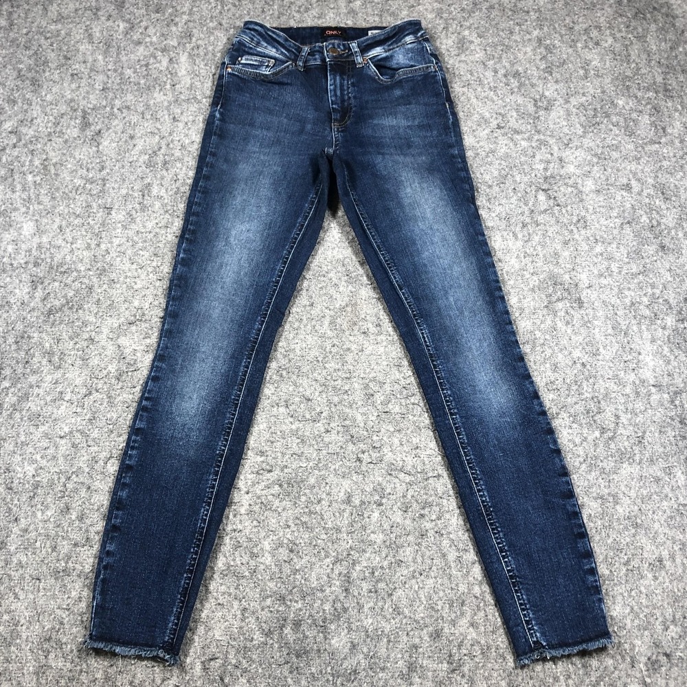 Only Jeans Womens S Blue Medium Wash Mid Rise Skinny Raw Hem Stretch Denim
